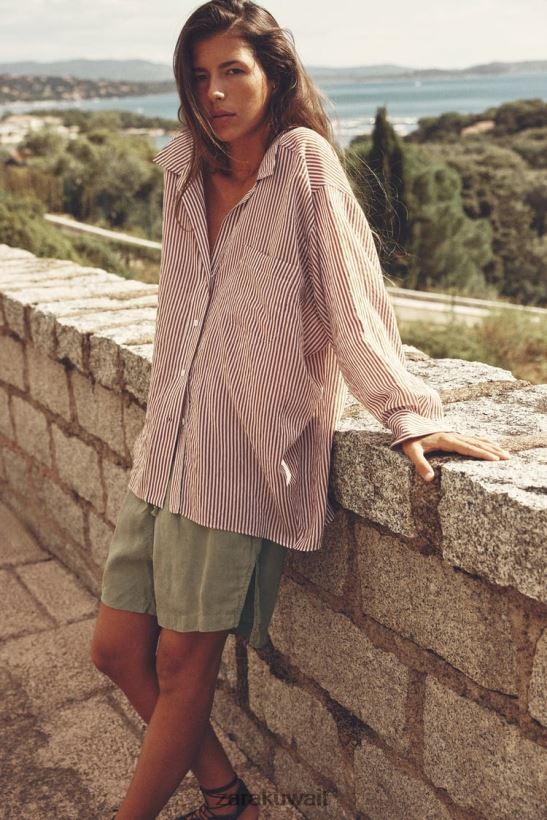 Zara قميص مخطط كبير الحجم نحيف بيج/بني ملابس 6L6LL8322