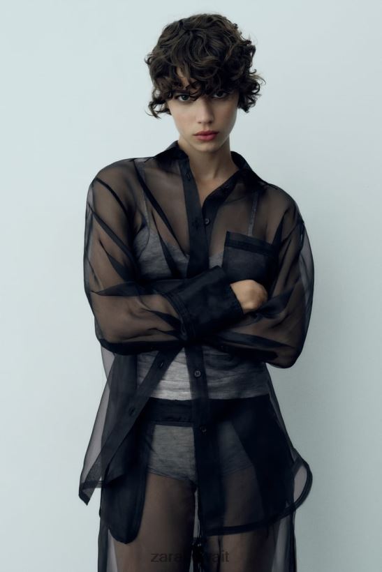 Zara قميص الأورجانزا المتضخم نحيف أسود ملابس 6L6LL8329