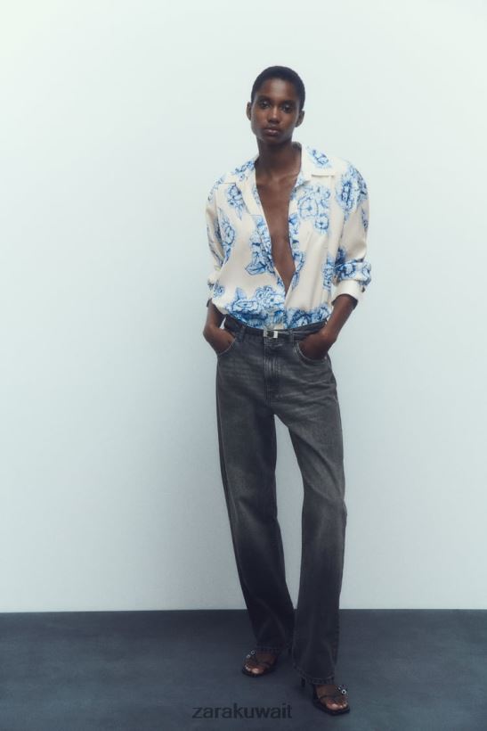 Zara قميص ساتان بطبعة زهور نحيف أزرق أبيض ملابس 6L6LL8336