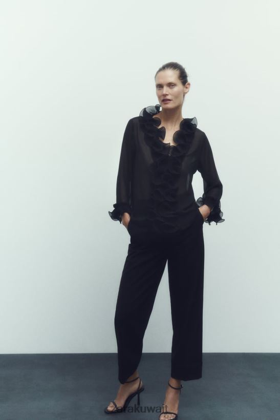 Zara بلوزة شبه شفافة بكشكشة ومطويات نحيف أسود ملابس 6L6LL8337