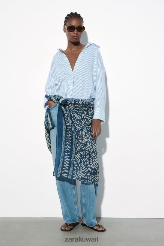 Zara قميص مخطط من مزيج الكتان نحيف أزرق أبيض ملابس 6L6LL8341