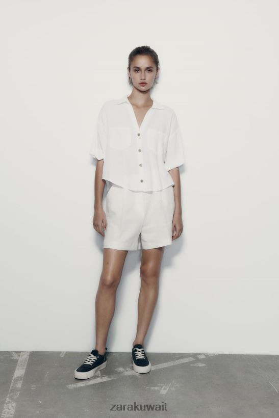 Zara قميص قصير من مزيج الكتان نحيف أبيض ملابس 6L6LL8343
