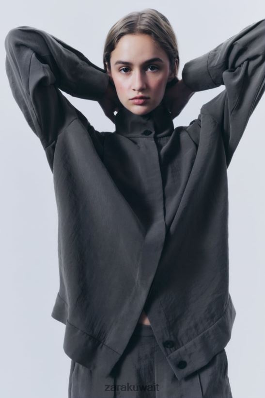 Zara قميص مطوي نحيف رمادي ملابس 6L6LL8347