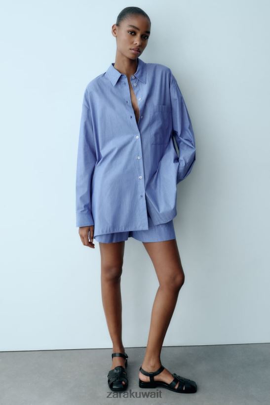 Zara قميص بوبلين مخطط على طراز الملابس الرجالية نحيف أزرق ملابس 6L6LL8351