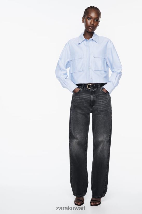 Zara قميص أكسفورد المحاصيل نحيف أزرق أبيض ملابس 6L6LL8352