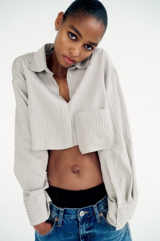 Zara قميص المحاصيل مخطط نحيف رمادي ملابس 6L6LL8357