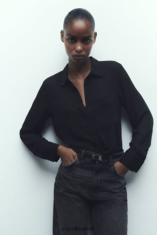 Zara قميص شبه شفاف ذو نسيج مختلط نحيف أسود ملابس 6L6LL8359