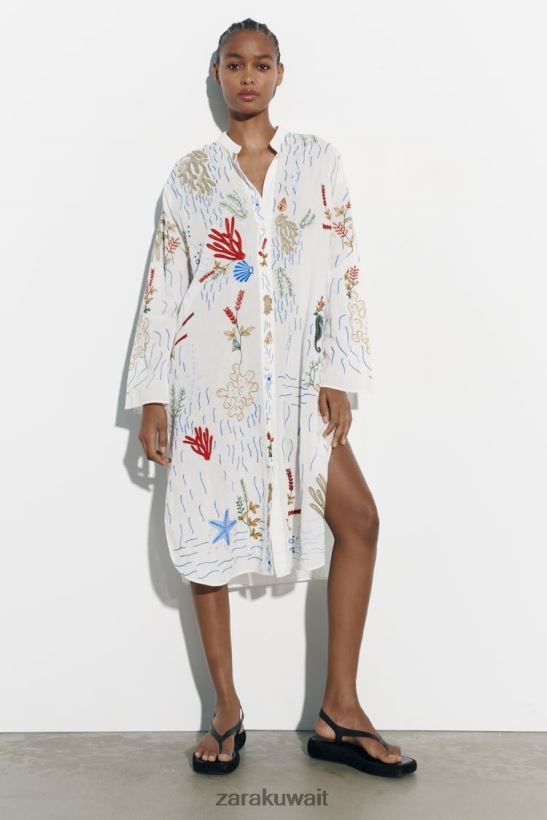 Zara بلوزة طويلة مطرزة نحيف المحار الأبيض ملابس 6L6LL8362