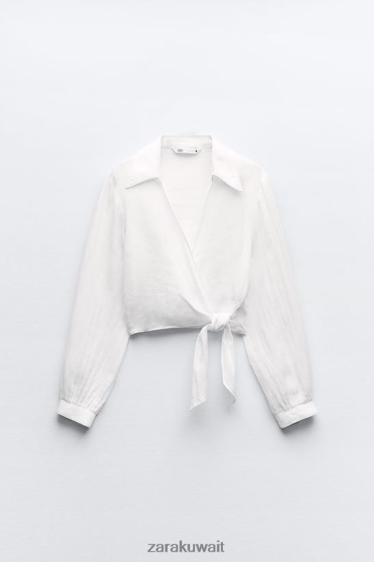 Zara قميص الكتان المربوط نحيف أبيض ملابس 6L6LL8363