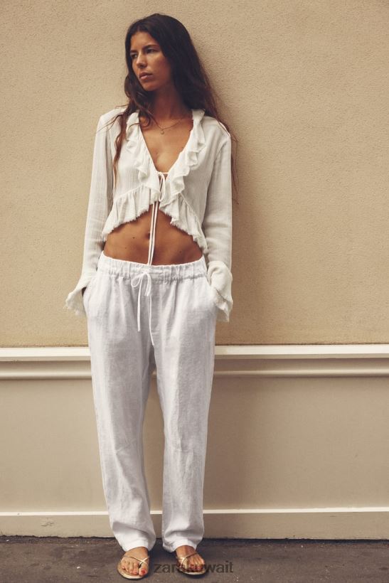 Zara بلوزة مزخرفة بكشكشة نحيف بيج فاتح ملابس 6L6LL8364