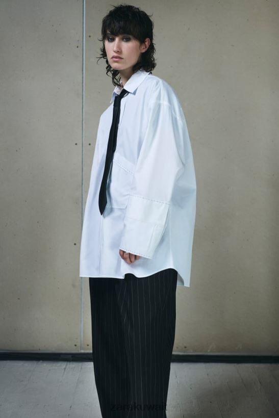 Zara قميص كبير الحجم مع جيب غير متماثل نحيف أبيض ملابس 6L6LL8368