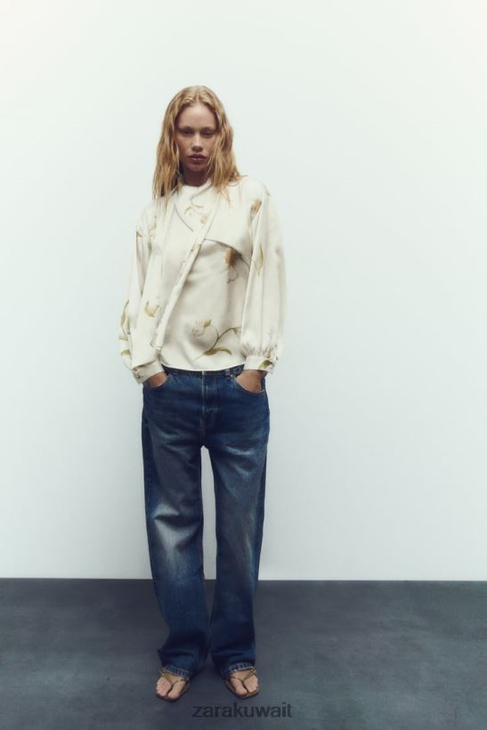 Zara توب بتأثير الساتان وطبعة زهور نحيف متعدد الألوان ملابس 6L6LL8369