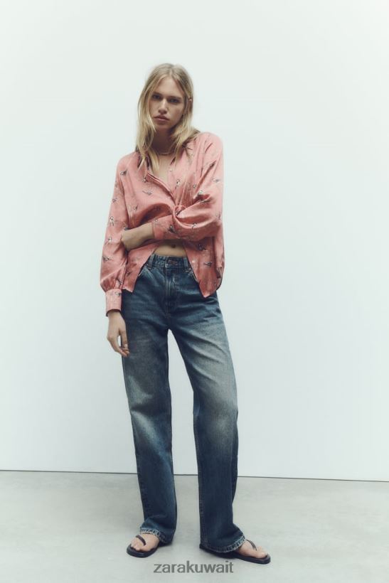 Zara قميص ساتان مطبوع نحيف متعدد الألوان ملابس 6L6LL8375