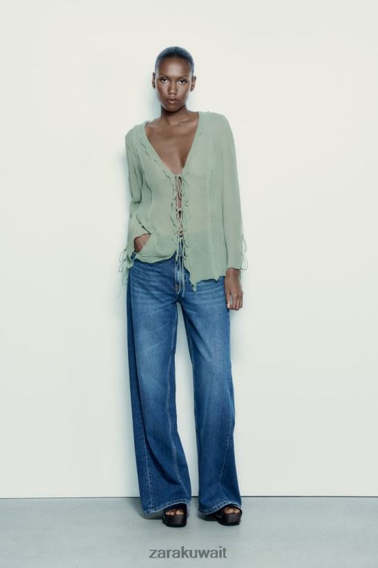 Zara بلوزة شبه شفافة بكشكشة نحيف البحر الأخضر ملابس 6L6LL8376