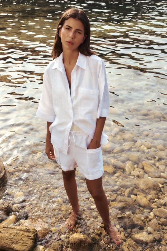 Zara قميص كتان مع جيوب نحيف المحار الأبيض ملابس 6L6LL8377