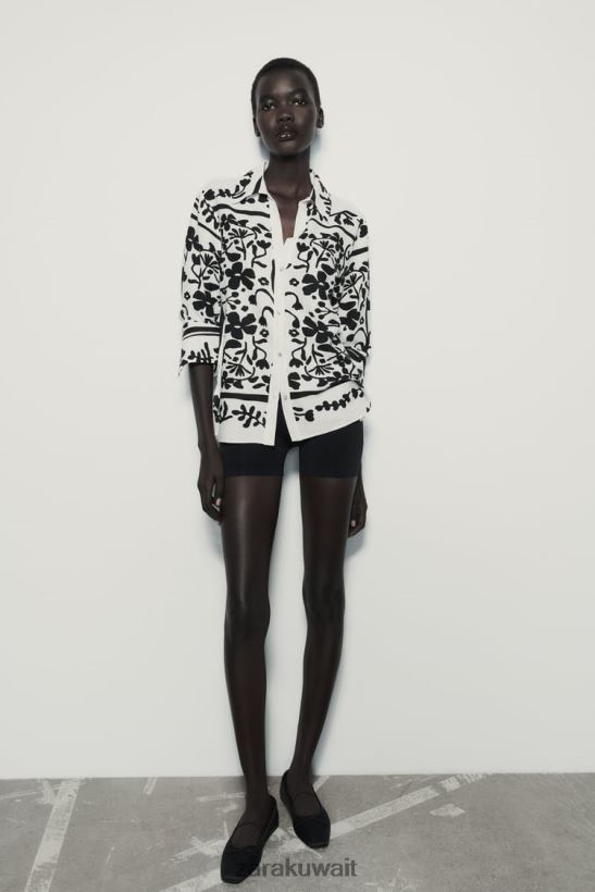 Zara قميص من مزيج الكتان المطبوع نحيف بيج فاتح/أسود ملابس 6L6LL8378