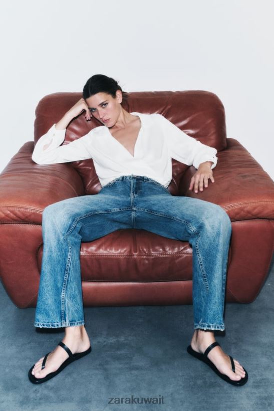 Zara قميص قصير بتأثير الساتان نحيف أبيض ملابس 6L6LL8388