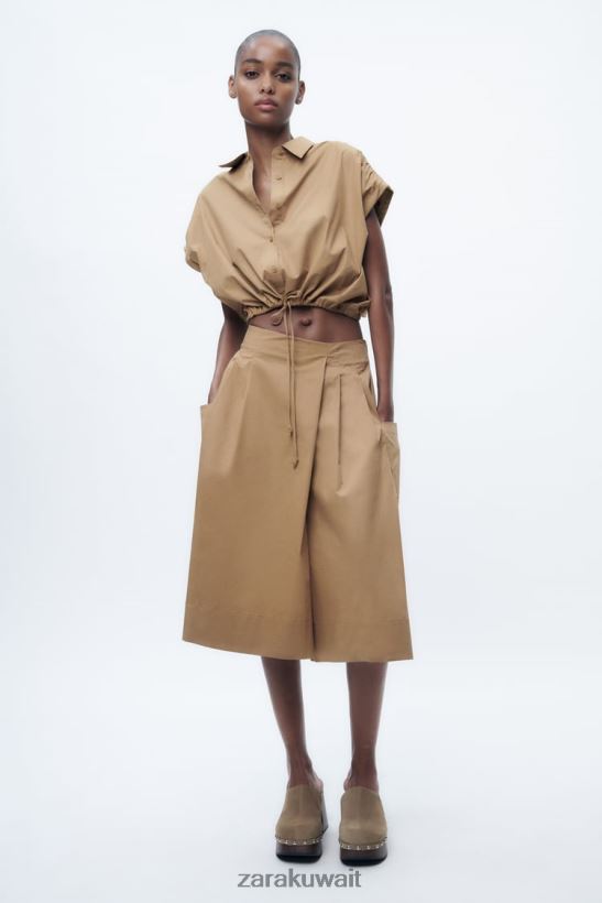 Zara قميص بوبلين قصير نحيف بني داكن ملابس 6L6LL8392