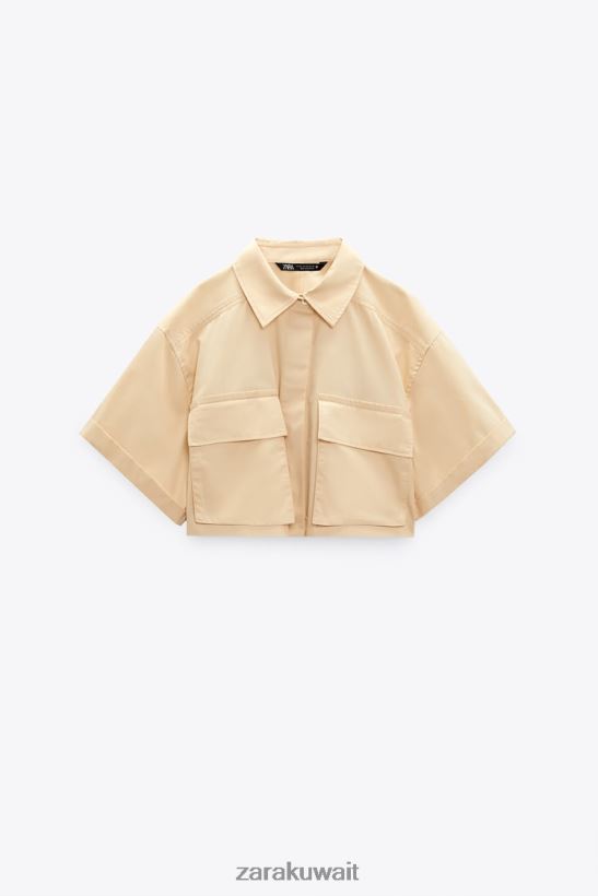 Zara قميص جبردين قصير نحيف كريم ملابس 6L6LL8395