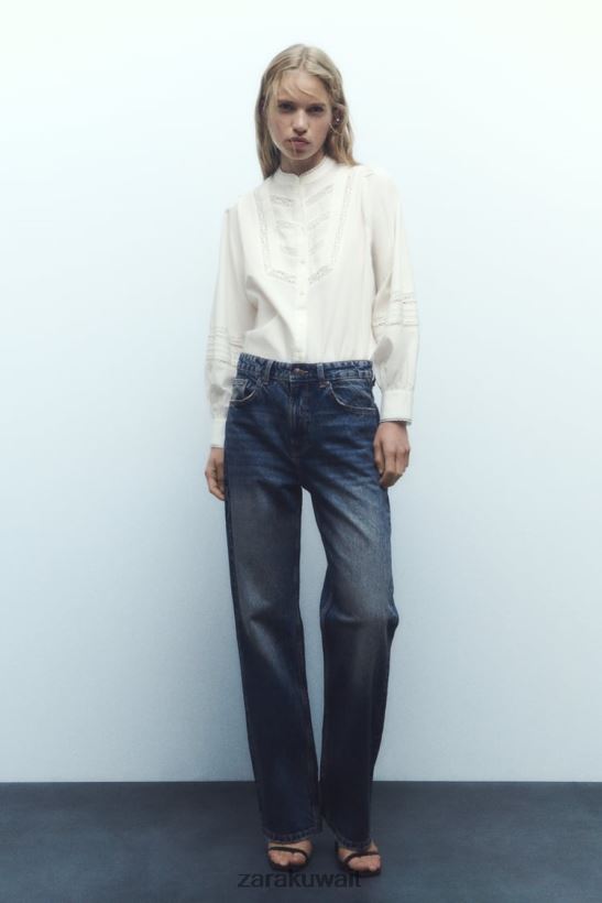 Zara قميص بوبلين بإضافات دانتيل نحيف بيج فاتح ملابس 6L6LL8405