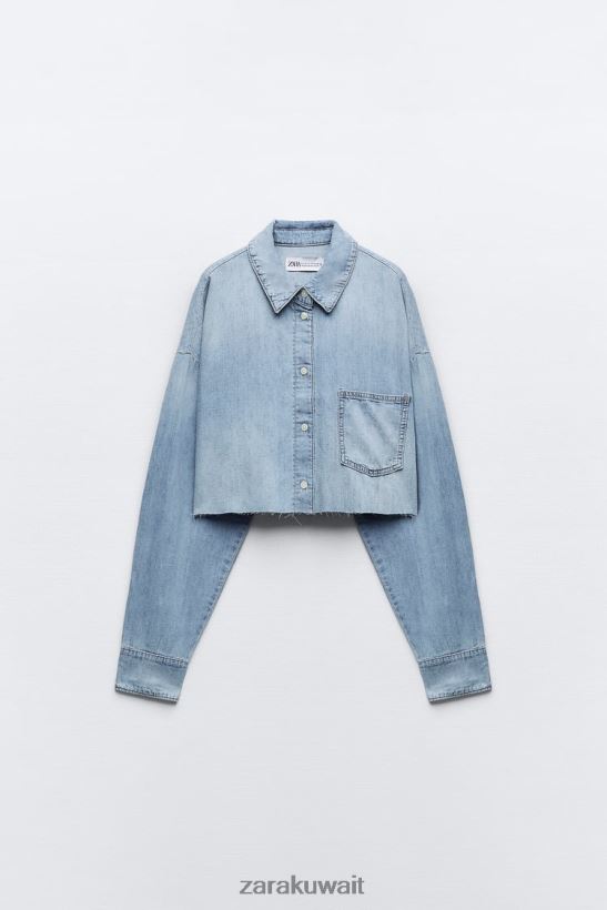Zara تي آر إف قميص جينز قصير نحيف أزرق ملابس 6L6LL8409