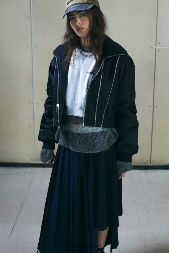 Zara سترة بومبر بسحاب نحيف الأزرق الداكن ملابس 6L6LL841