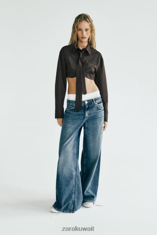 Zara قميص قصير مخطط مع ربطة عنق نحيف بني/أزرق ملابس 6L6LL8422