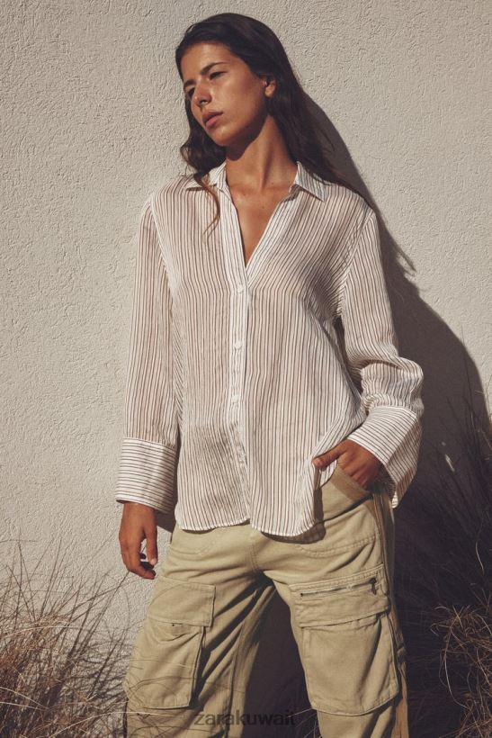 Zara قميص مخطط نحيف بيج فاتح/بني ملابس 6L6LL8423