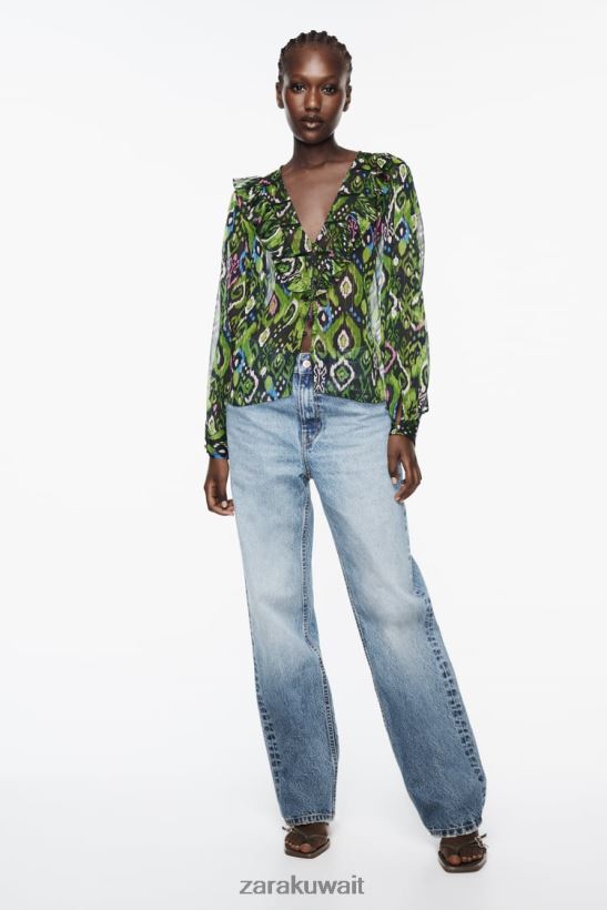 Zara قميص مزين بالدانتيل مطبوع وكشكش نحيف متعدد الألوان ملابس 6L6LL8427