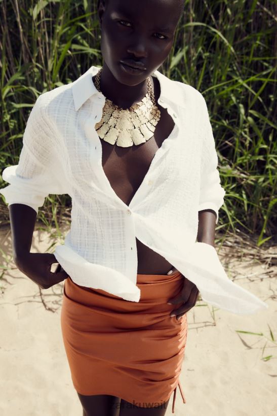 Zara قميص قماش ريفي كبير الحجم نحيف أبيض ملابس 6L6LL8431