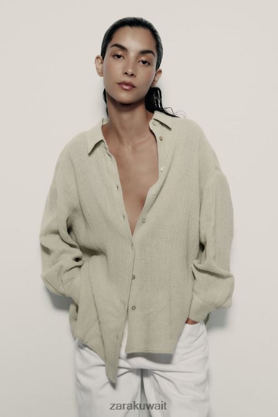 Zara قميص الكتان المتضخم نحيف اخضر فاتح ملابس 6L6LL8433