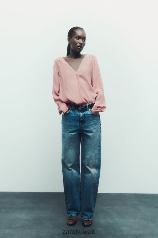 Zara بلوزة بأزرار ذهبية نحيف لون القرنفل ملابس 6L6LL8441