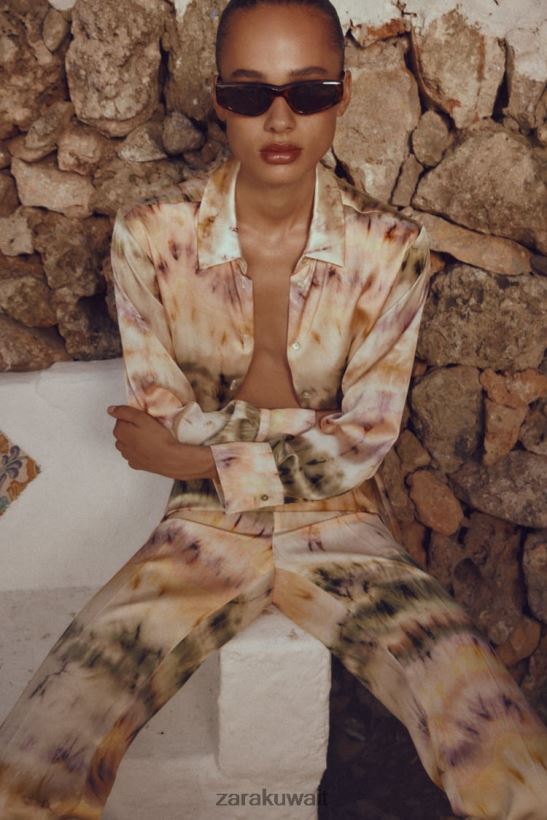 Zara قميص طباعة مصبوغ نحيف متعدد الألوان ملابس 6L6LL8444