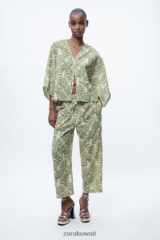 Zara بلوزة قطن مطبوعة نحيف أخضر ملابس 6L6LL8447