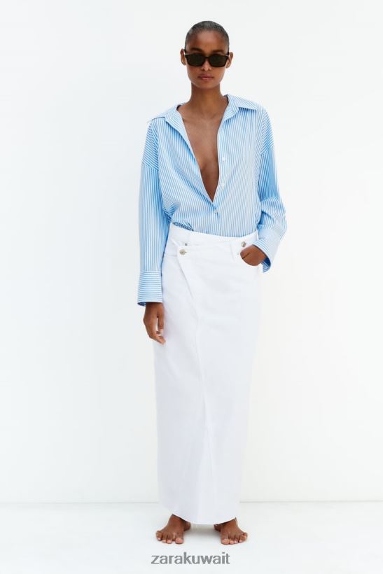 Zara قميص سائل مخطط أساسي نحيف أزرق أبيض ملابس 6L6LL8448