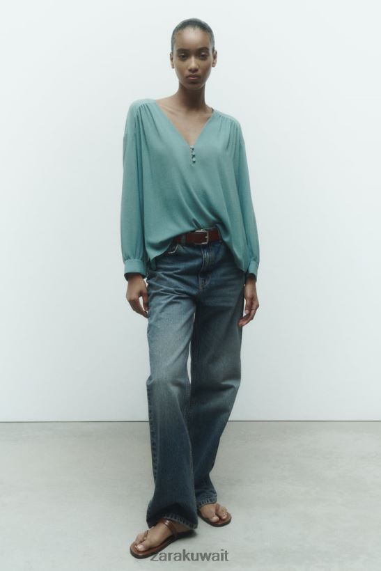 Zara تجمع تتدفق بلوزة كبيرة الحجم نحيف الفولاذ الأزرق ملابس 6L6LL8454