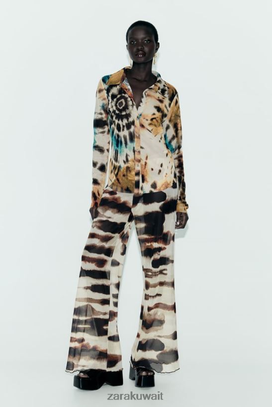 Zara قميص تول بطباعة مصبوغة نحيف البرتقال ملابس 6L6LL8458