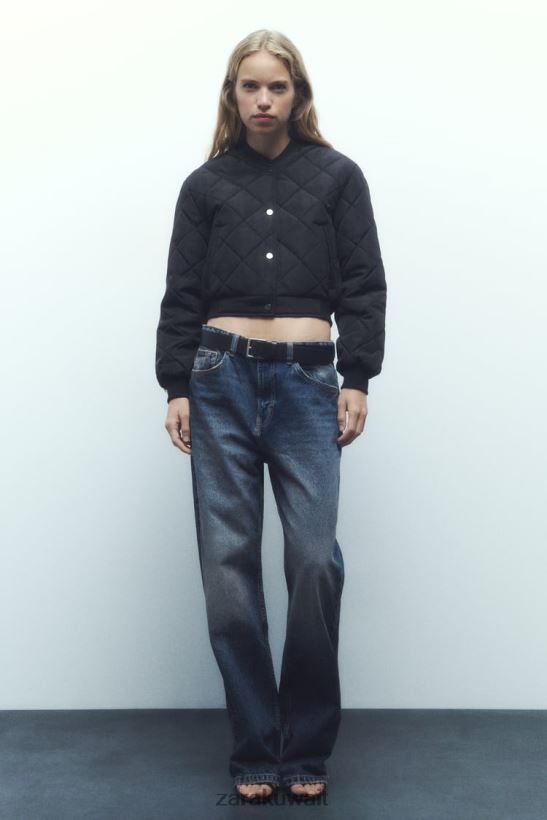 Zara سترة بومبر قصيرة مبطنة نحيف أسود ملابس 6L6LL846