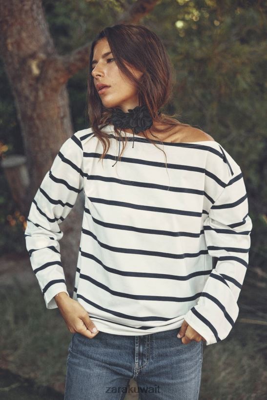 Zara القطن تي شيرت نحيف مخطط ملابس 6L6LL8468