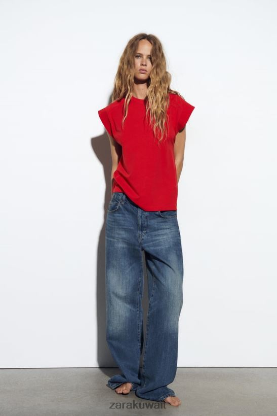 Zara تي شيرت من القطن المضلع نحيف أحمر ملابس 6L6LL8469