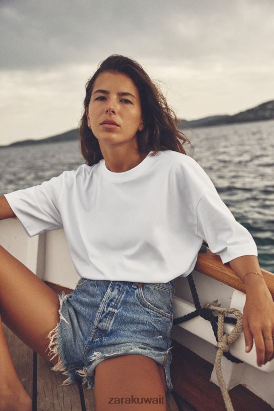 Zara تي شيرت قطن كبير الحجم نحيف أبيض ملابس 6L6LL8470