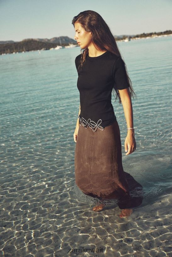 Zara تي شيرت مضلع خفيف نحيف أسود ملابس 6L6LL8472