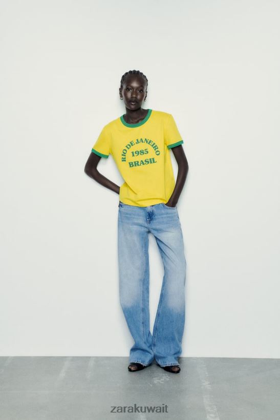 Zara تي شيرت النص نحيف أصفر ملابس 6L6LL8473