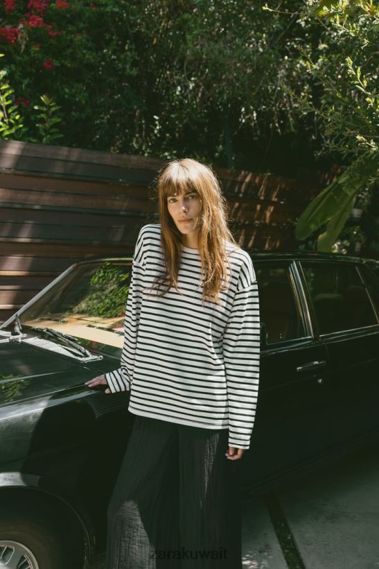 Zara قميص مخطط نحيف أسود/أبيض ملابس 6L6LL8474