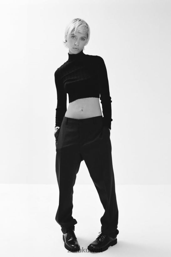 Zara سترة متماسكة مضلعة نحيف أسود ملابس 6L6LL8480