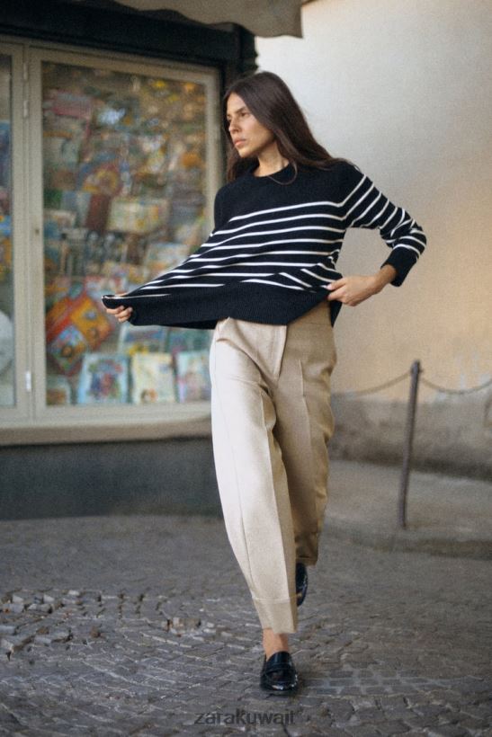 Zara بنطلون ساق مستقيمة بأساور مرفوعة نحيف بني داكن ملابس 6L6LL8487