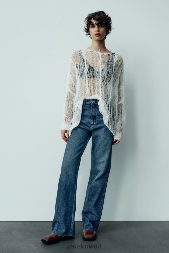 Zara تي آر إف جينز عالي الارتفاع وواسع الساق نحيف الأزرق الداكن ملابس 6L6LL8504