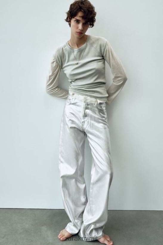 Zara تي آر إف جينز ميتاليك عالي الارتفاع نحيف أبيض ملابس 6L6LL8520