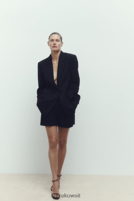 Zara شورت مطوي عالية الخصر نحيف أسود ملابس 6L6LL8527