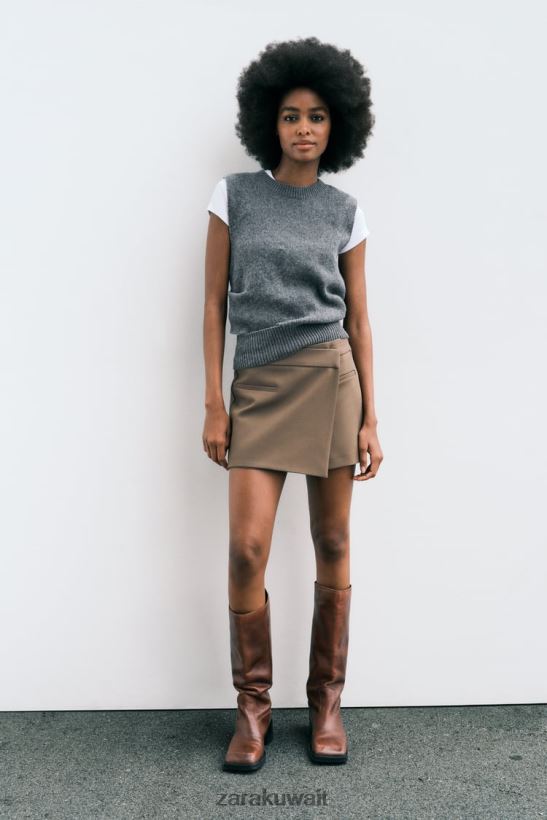 Zara تنورة غير متماثلة نحيف بني/رمادي داكن ملابس 6L6LL8529